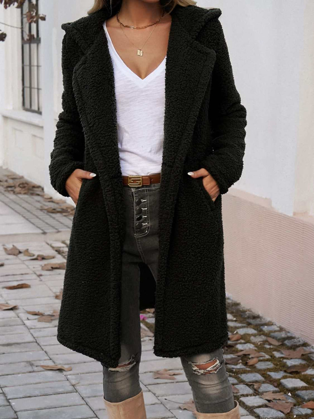 Pocketed Long Sleeve Hooded Teddy Coat - Primrose Signature Boutique