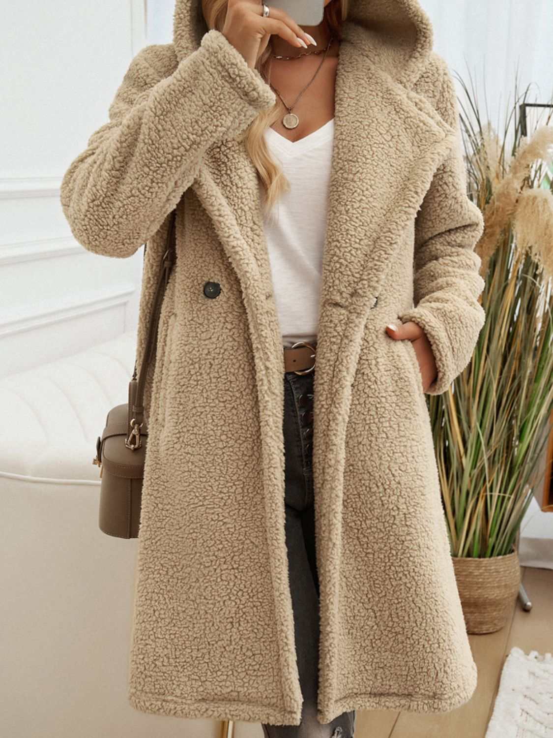 Pocketed Long Sleeve Hooded Teddy Coat - Primrose Signature Boutique