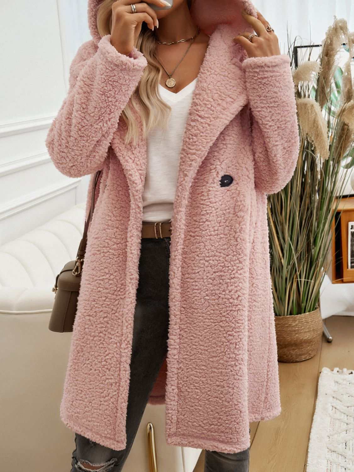 Pocketed Long Sleeve Hooded Teddy Coat - Primrose Signature Boutique