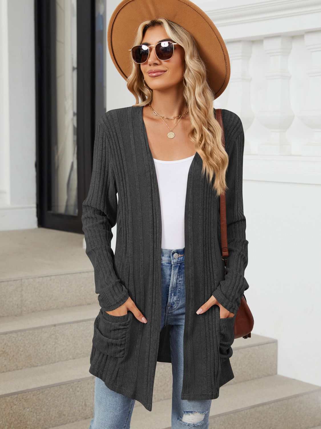 Pocketed Open Front Long Sleeve Cardigan - Primrose Signature Boutique