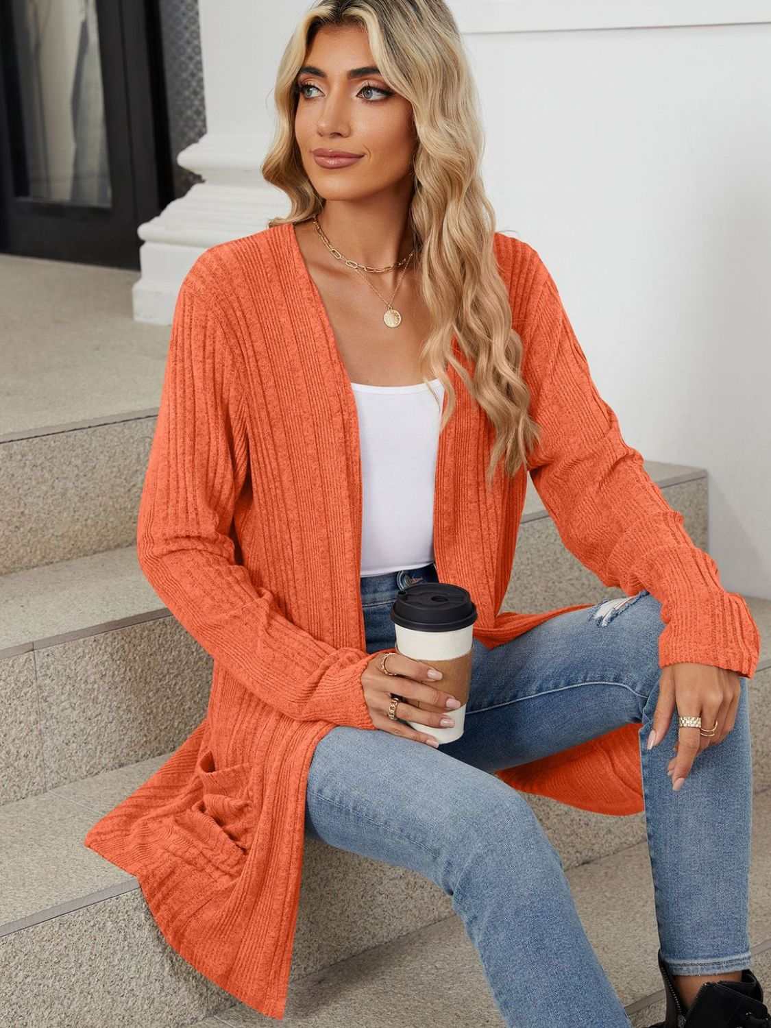 Pocketed Open Front Long Sleeve Cardigan - Primrose Signature Boutique