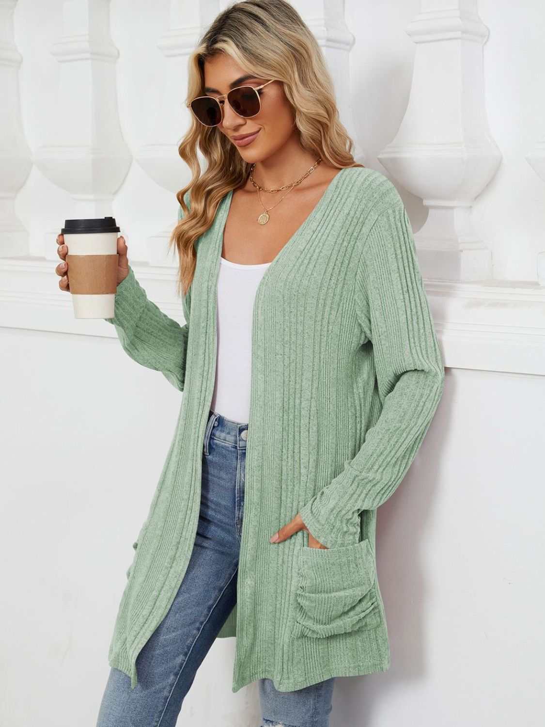 Pocketed Open Front Long Sleeve Cardigan - Primrose Signature Boutique