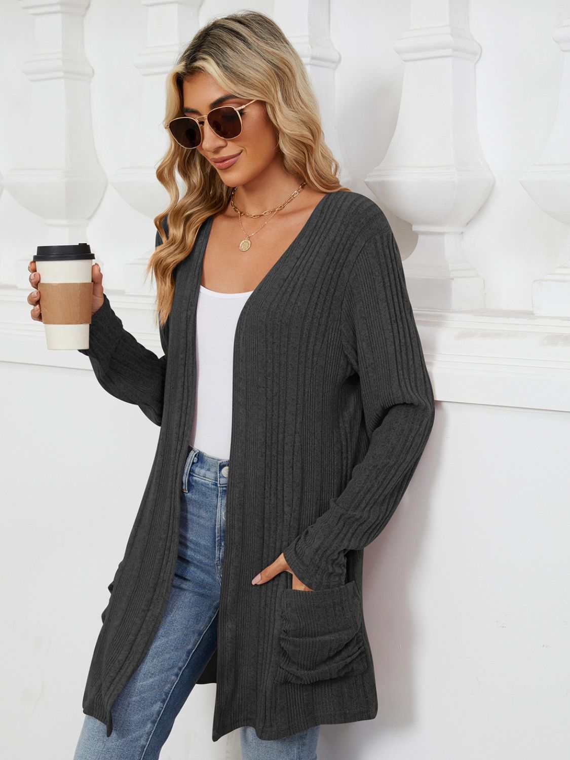 Pocketed Open Front Long Sleeve Cardigan - Primrose Signature Boutique