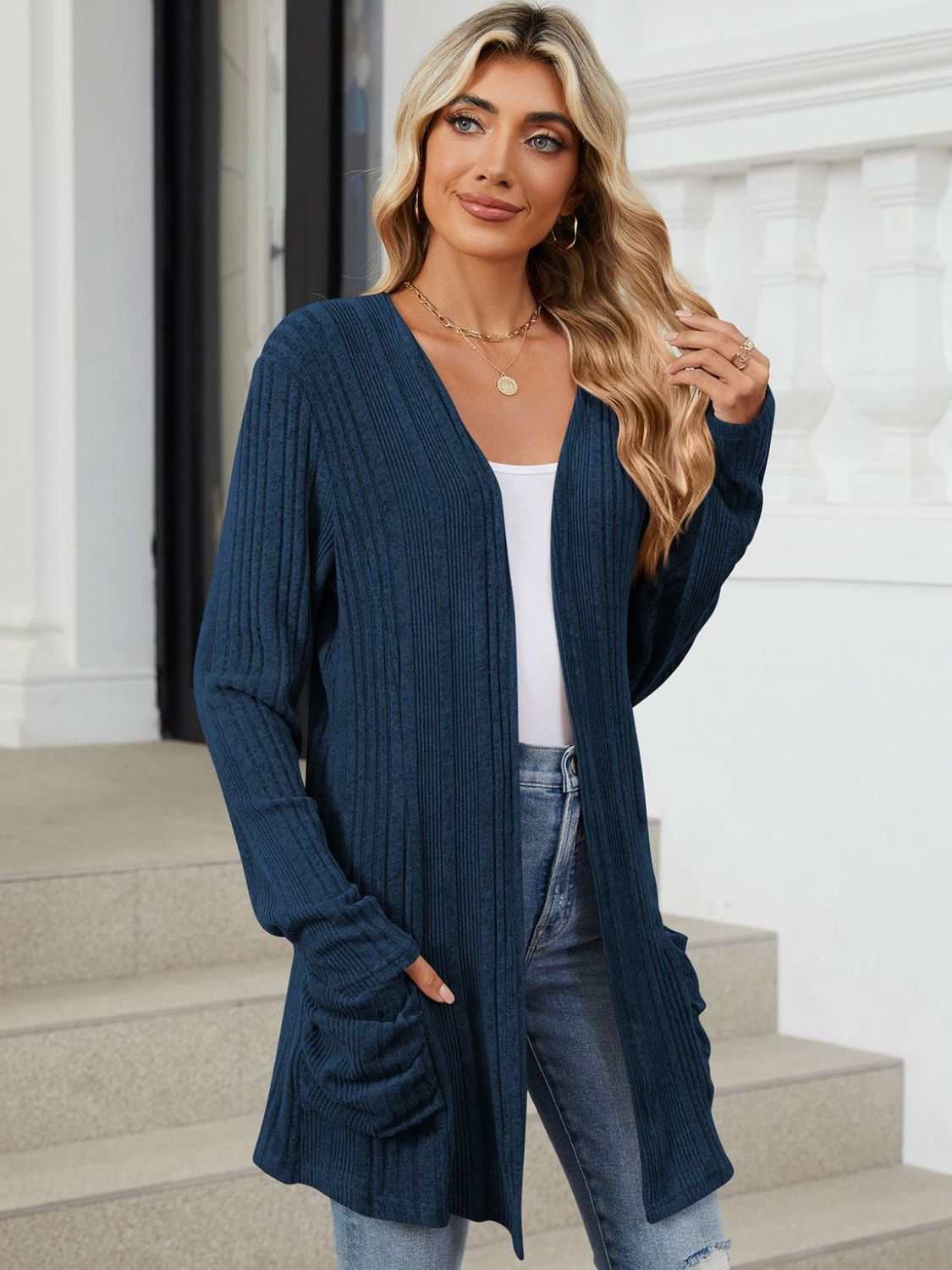 Pocketed Open Front Long Sleeve Cardigan - Primrose Signature Boutique