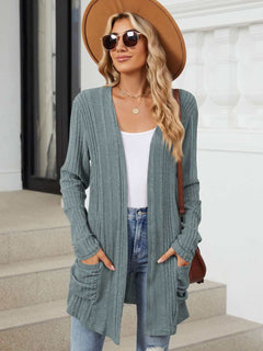 Pocketed Open Front Long Sleeve Cardigan - Primrose Signature Boutique