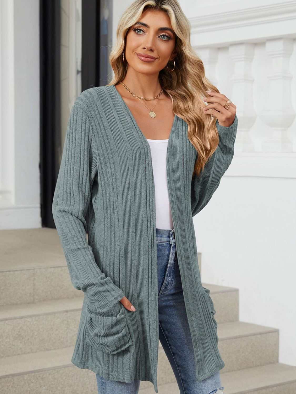 Pocketed Open Front Long Sleeve Cardigan - Primrose Signature Boutique