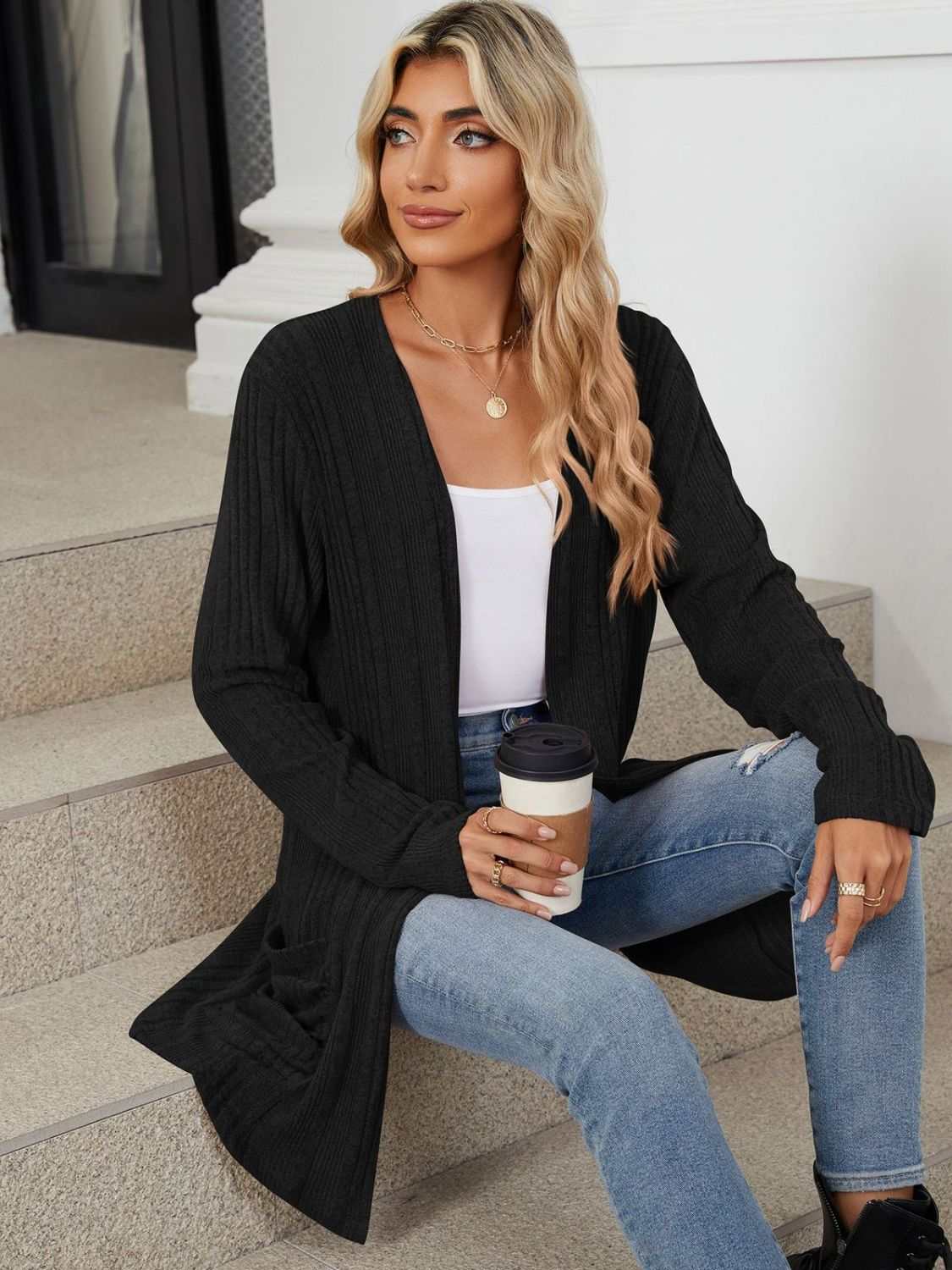 Pocketed Open Front Long Sleeve Cardigan - Primrose Signature Boutique