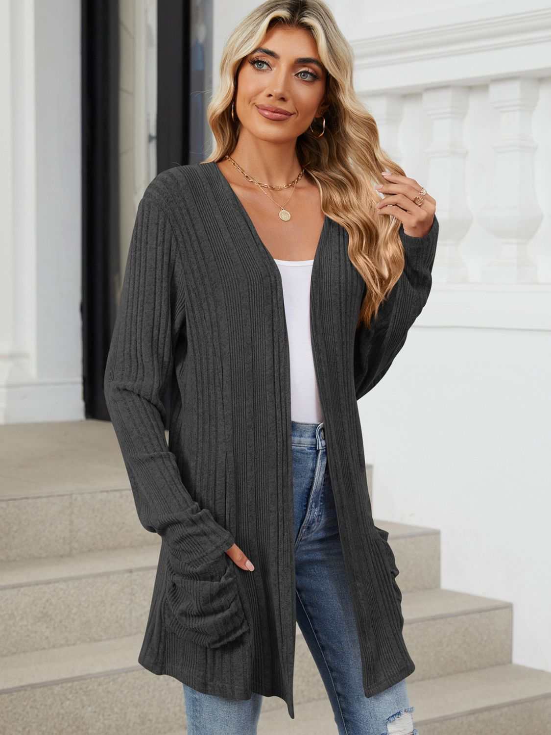 Pocketed Open Front Long Sleeve Cardigan - Primrose Signature Boutique