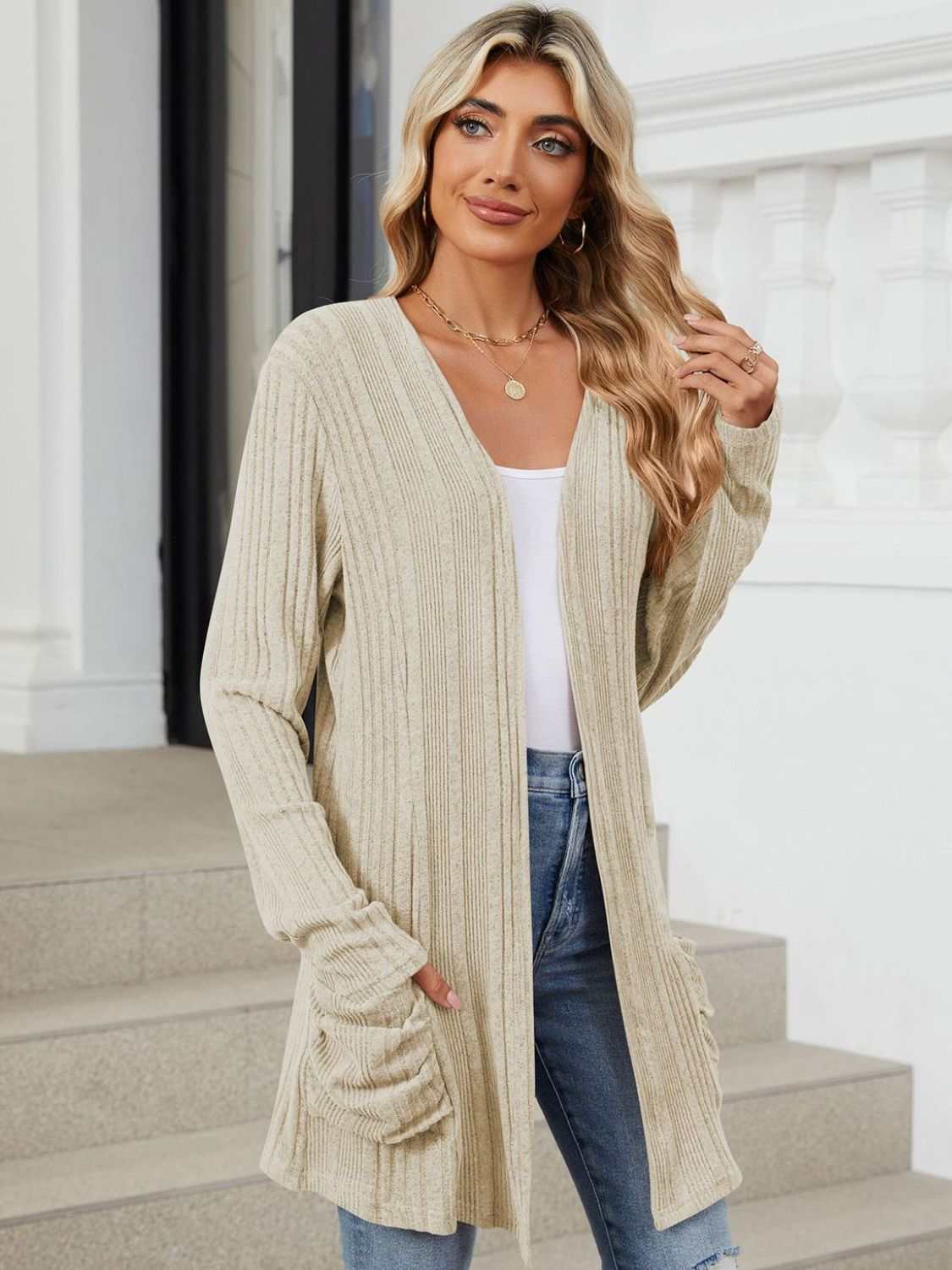 Pocketed Open Front Long Sleeve Cardigan - Primrose Signature Boutique