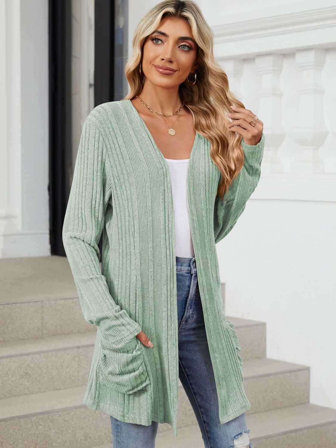 Pocketed Open Front Long Sleeve Cardigan - Primrose Signature Boutique