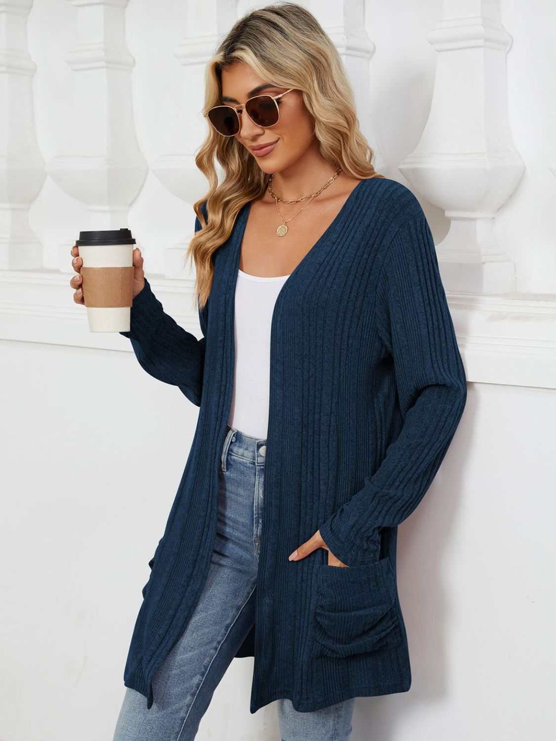 Pocketed Open Front Long Sleeve Cardigan - Primrose Signature Boutique