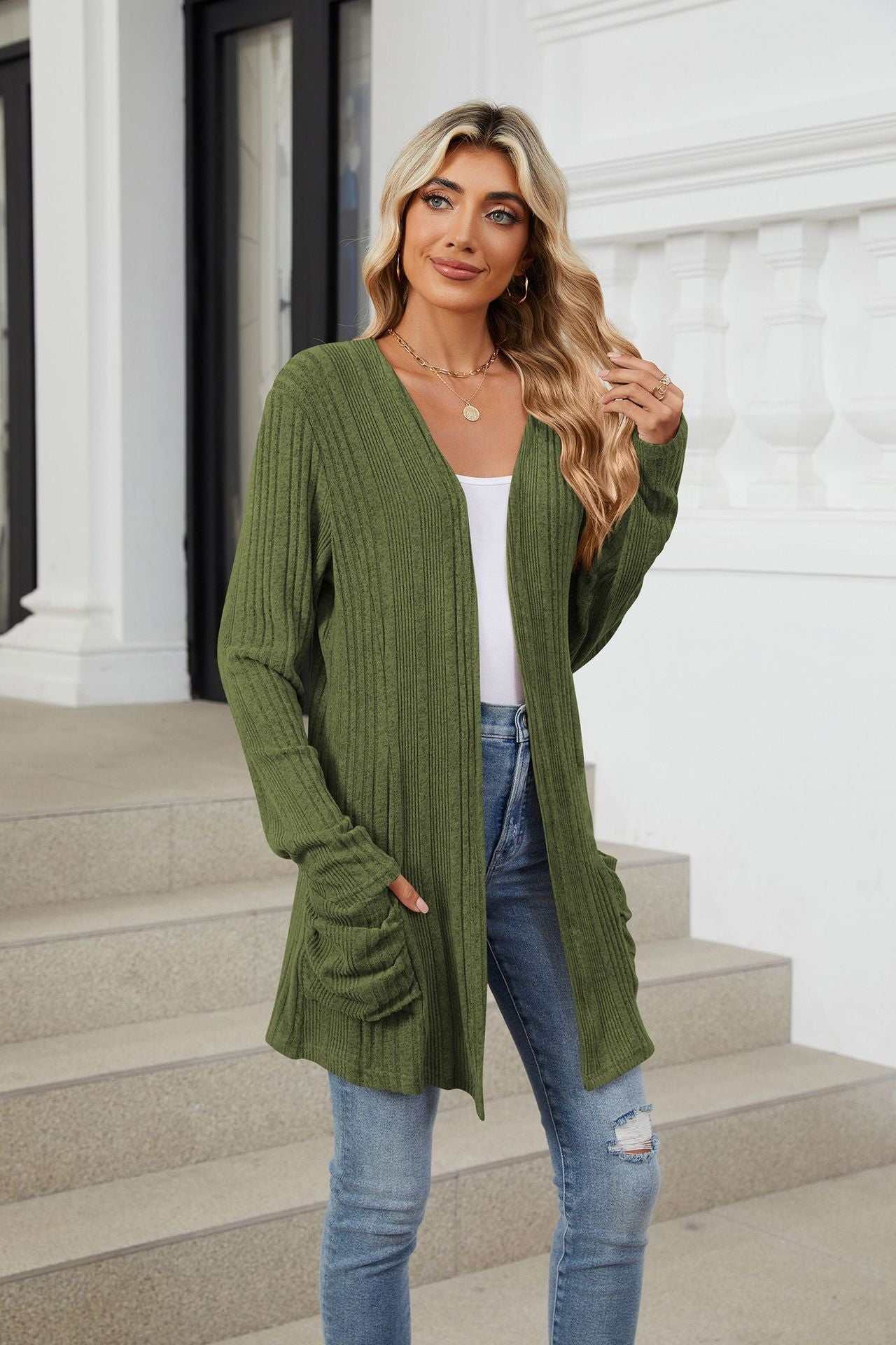Pocketed Open Front Long Sleeve Cardigan - Primrose Signature Boutique