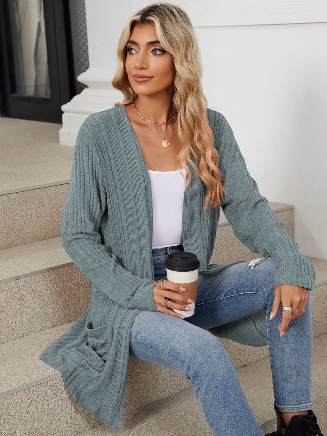 Pocketed Open Front Long Sleeve Cardigan - Primrose Signature Boutique