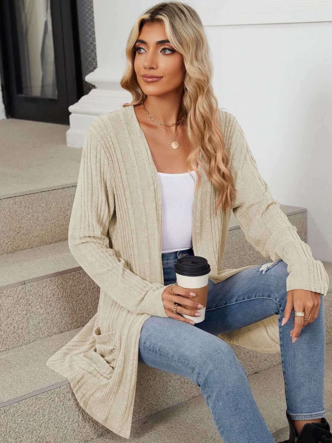 Pocketed Open Front Long Sleeve Cardigan - Primrose Signature Boutique