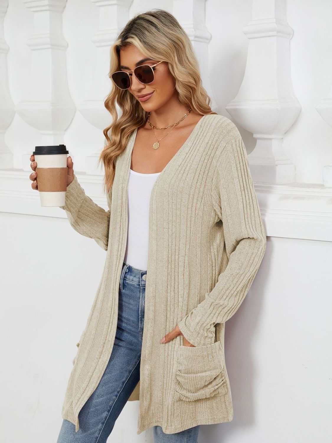 Pocketed Open Front Long Sleeve Cardigan - Primrose Signature Boutique