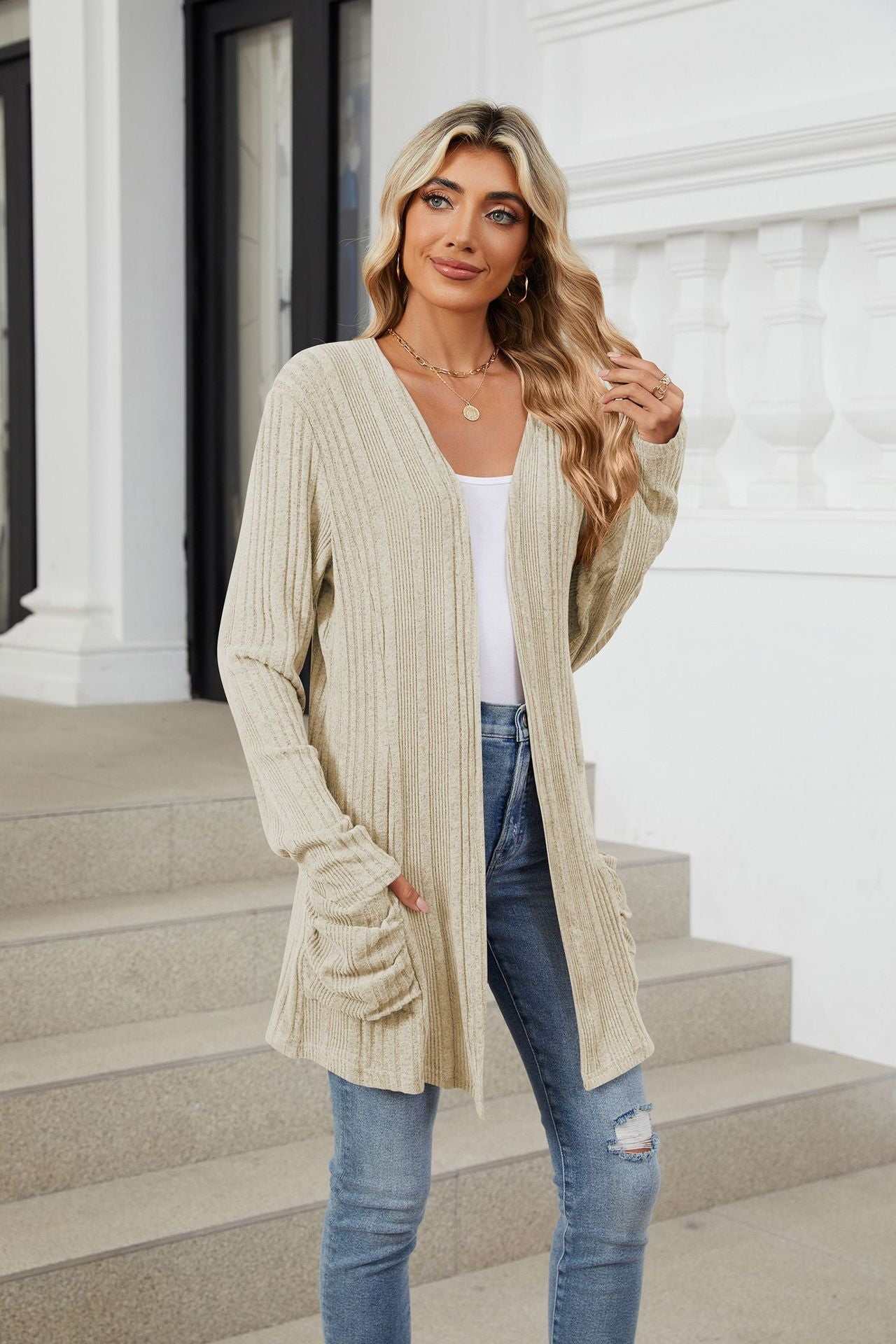 Pocketed Open Front Long Sleeve Cardigan - Primrose Signature Boutique