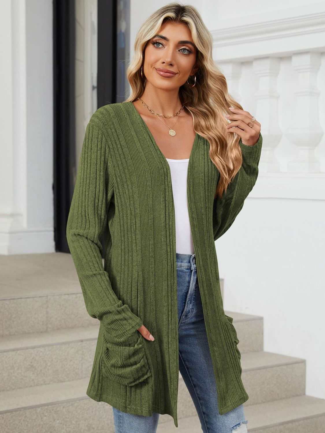 Pocketed Open Front Long Sleeve Cardigan - Primrose Signature Boutique