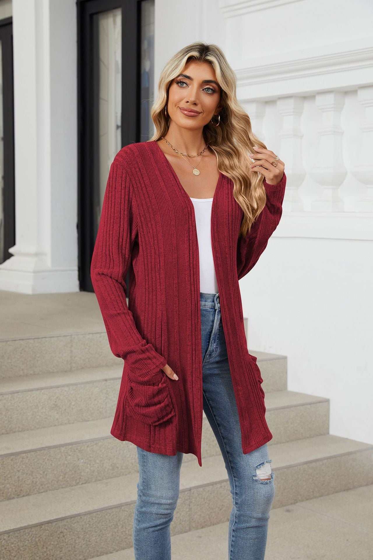 Pocketed Open Front Long Sleeve Cardigan - Primrose Signature Boutique