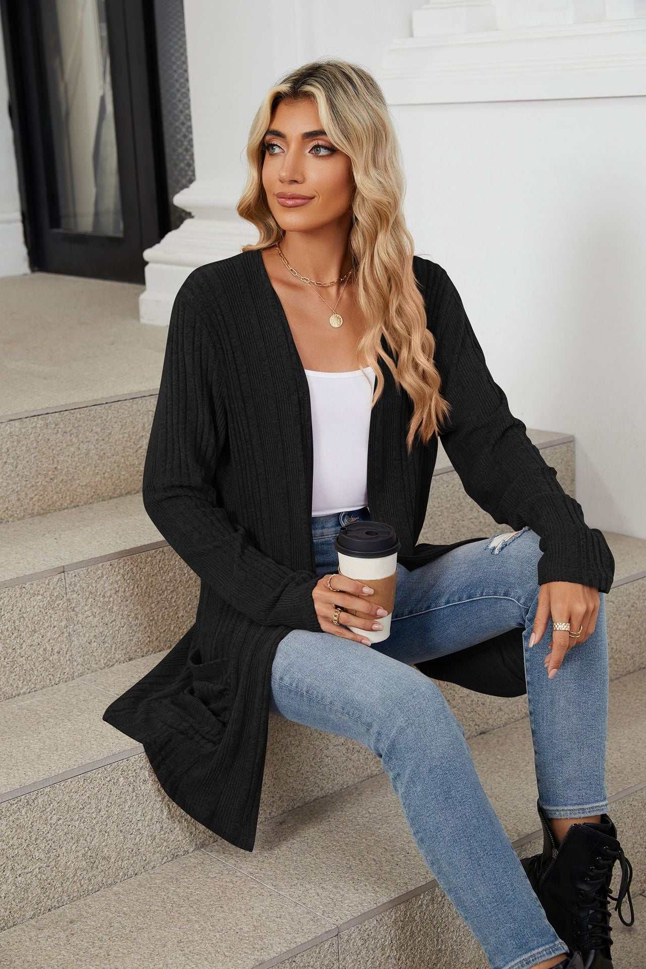 Pocketed Open Front Long Sleeve Cardigan - Primrose Signature Boutique