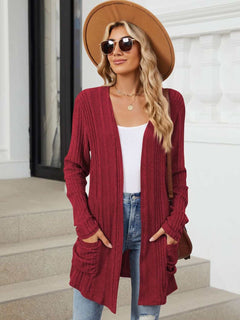 Pocketed Open Front Long Sleeve Cardigan - Primrose Signature Boutique