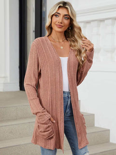 Pocketed Open Front Long Sleeve Cardigan - Primrose Signature Boutique