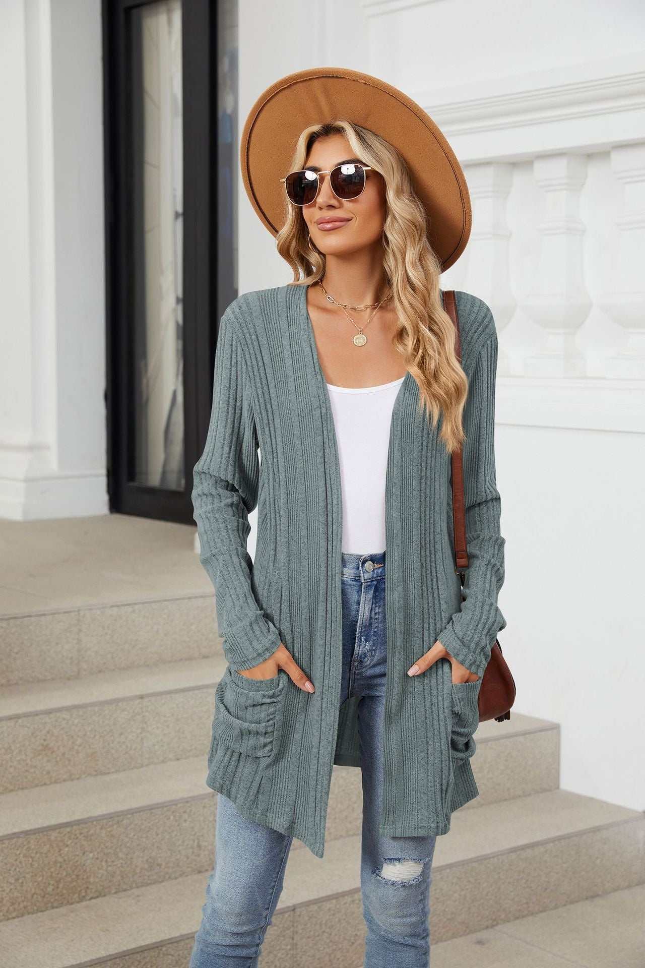 Pocketed Open Front Long Sleeve Cardigan - Primrose Signature Boutique
