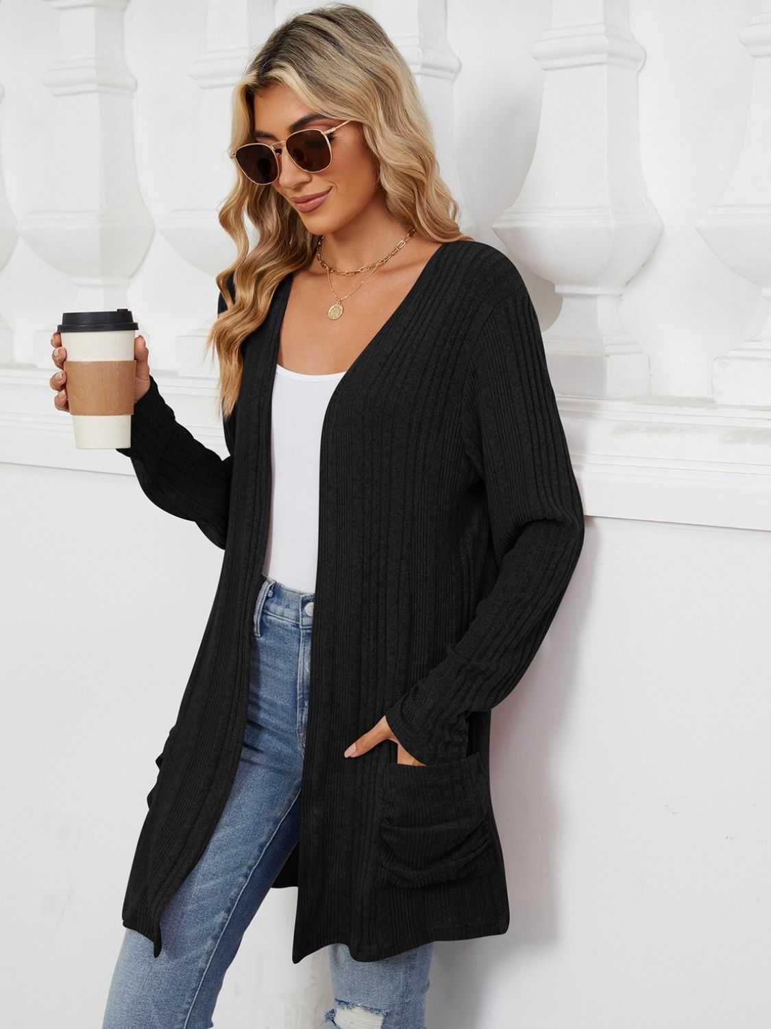 Pocketed Open Front Long Sleeve Cardigan - Primrose Signature Boutique
