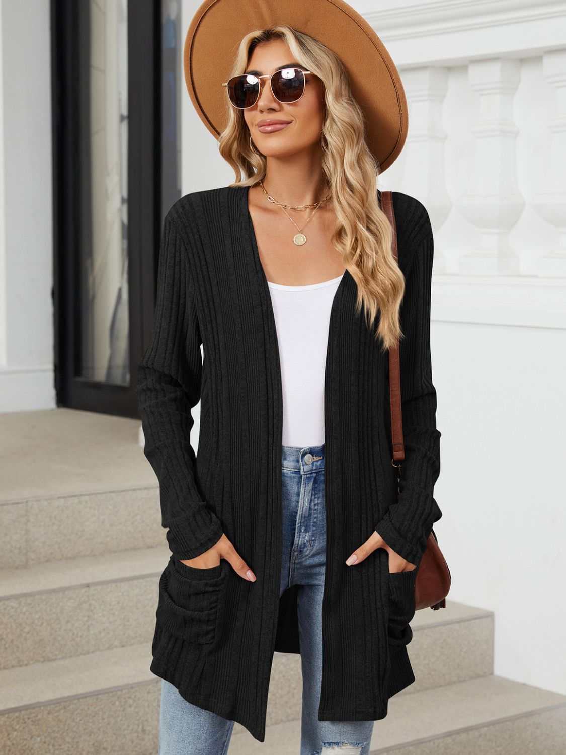 Pocketed Open Front Long Sleeve Cardigan - Primrose Signature Boutique