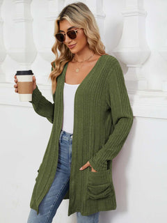 Pocketed Open Front Long Sleeve Cardigan - Primrose Signature Boutique