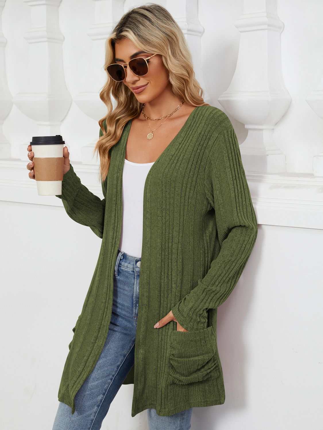 Pocketed Open Front Long Sleeve Cardigan - Primrose Signature Boutique