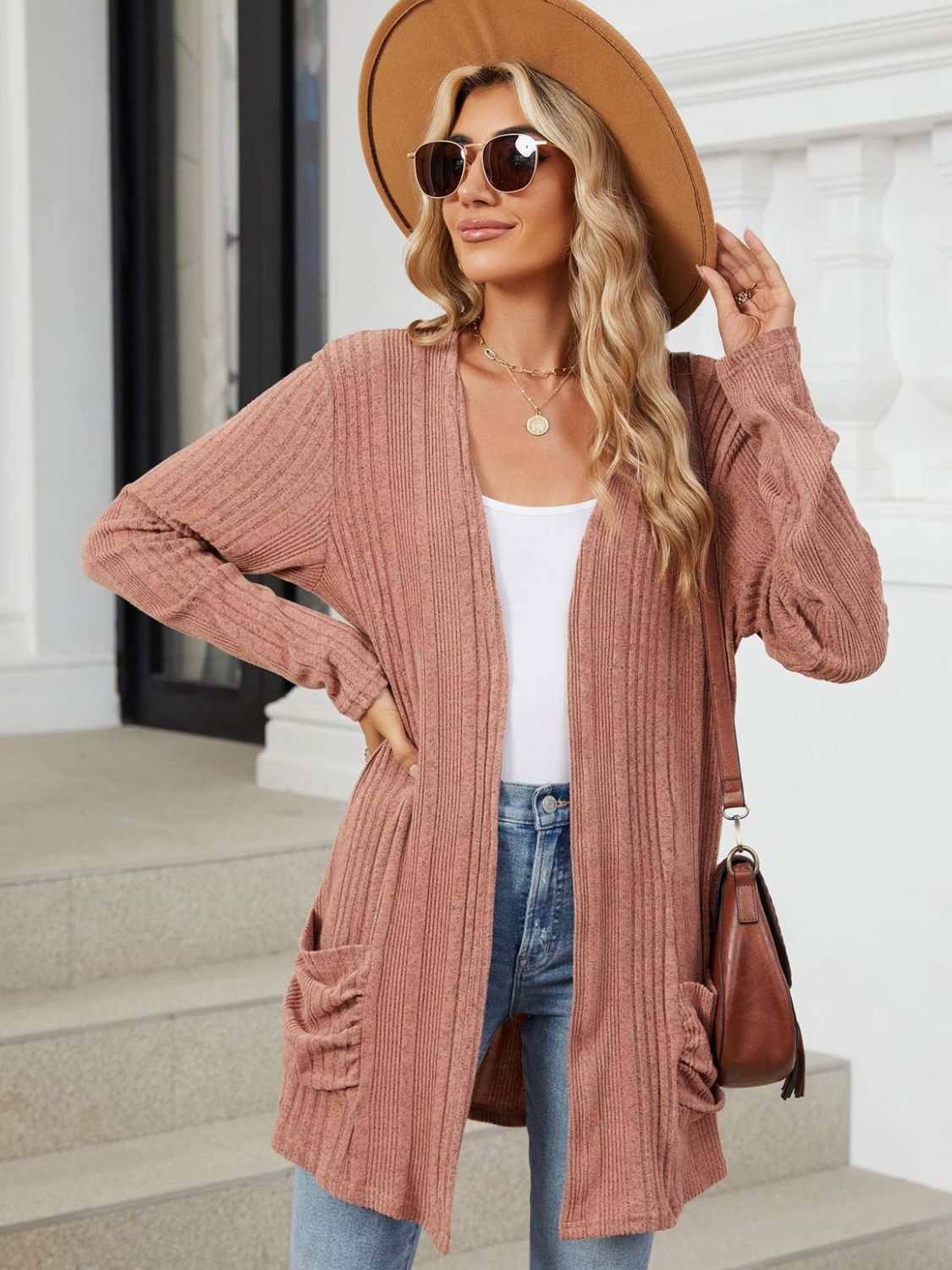 Pocketed Open Front Long Sleeve Cardigan - Primrose Signature Boutique