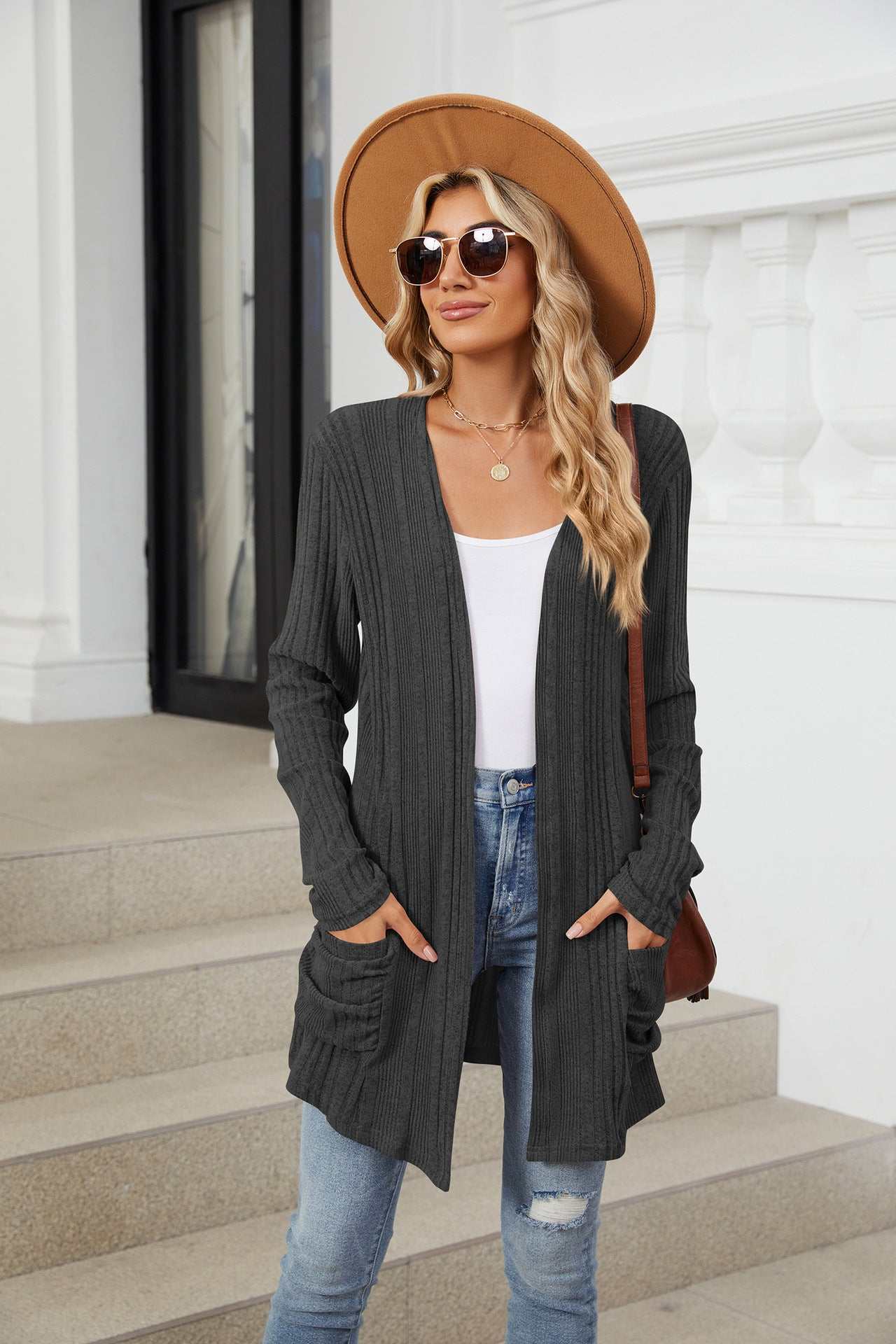 Pocketed Open Front Long Sleeve Cardigan - Primrose Signature Boutique