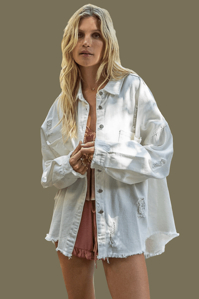 POL Button Down Raw Hem Distressed Shacket-zoom-