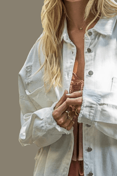 POL Button Down Raw Hem Distressed Shacket - Primrose Signature Boutique