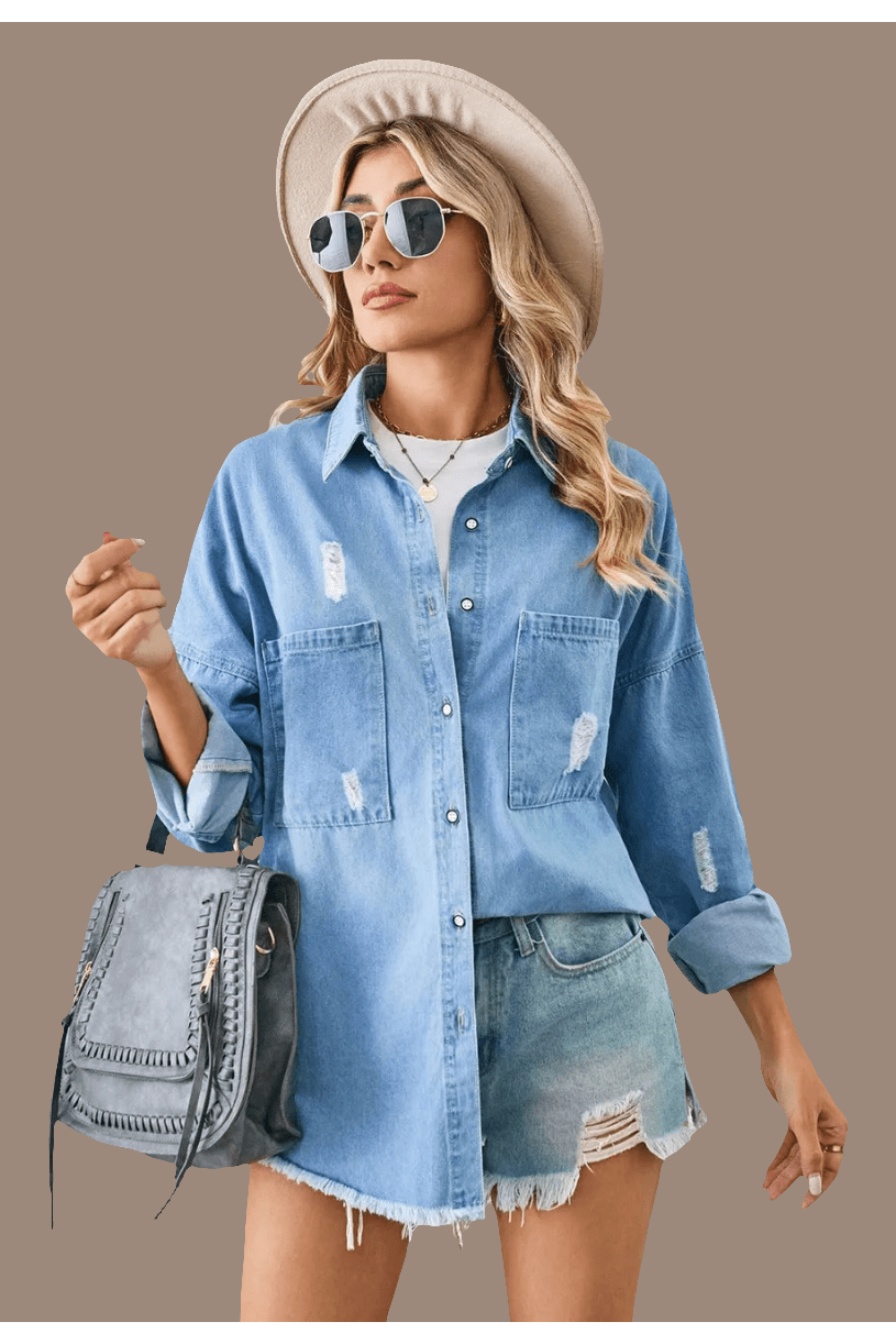 POL Button Down Raw Hem Distressed Shacket - Primrose Signature Boutique