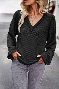 Popcorn Texture Black V - Neck Top - Primrose Signature Boutique