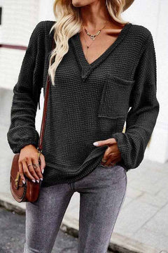 Popcorn Texture Black V - Neck Top - Primrose Signature Boutique