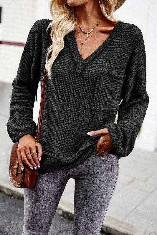 Popcorn Texture Black V - Neck Top - Primrose Signature Boutique