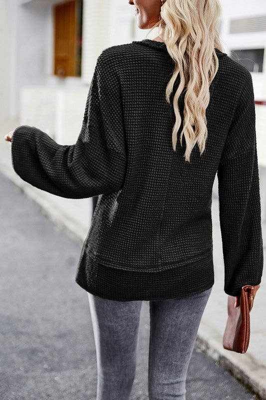 Popcorn Texture Black V - Neck Top - Primrose Signature Boutique