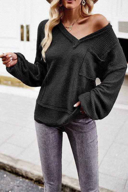 Popcorn Texture Black V - Neck Top - Primrose Signature Boutique