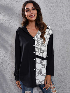 Printed Collared Neck Long Sleeve Shirt - Primrose Signature Boutique