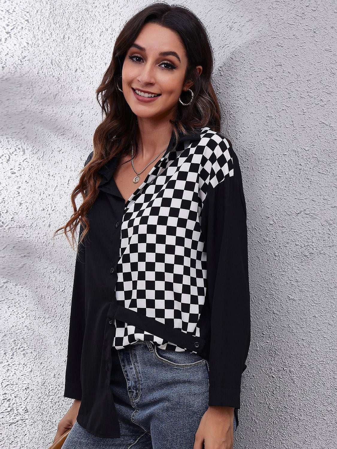 Printed Collared Neck Long Sleeve Shirt - Primrose Signature Boutique
