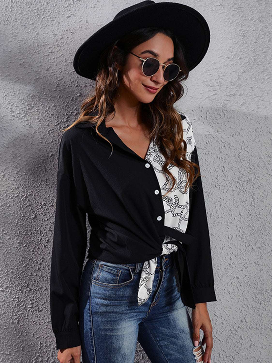 Printed Collared Neck Long Sleeve Shirt - Primrose Signature Boutique