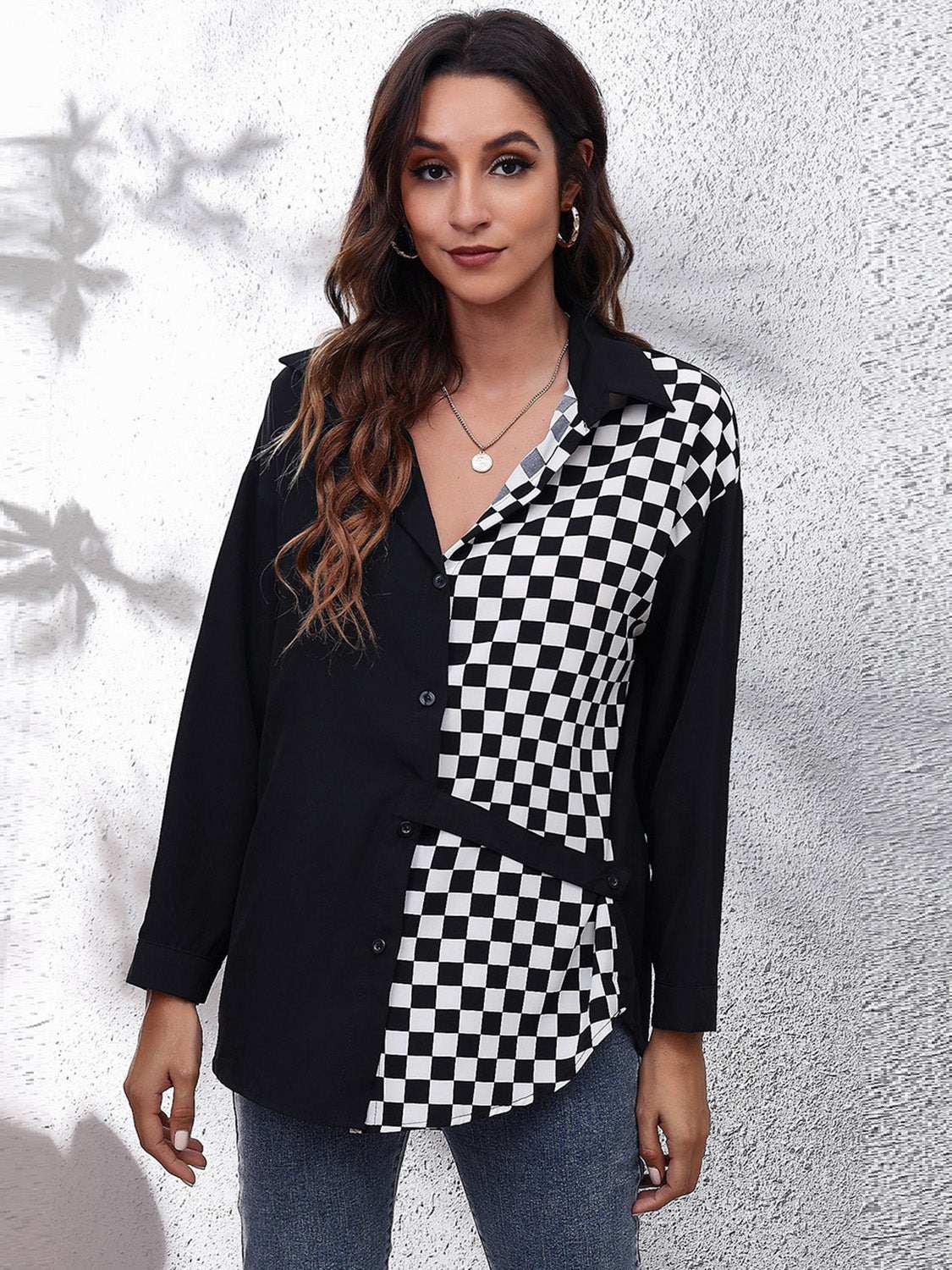 Printed Collared Neck Long Sleeve Shirt - Primrose Signature Boutique