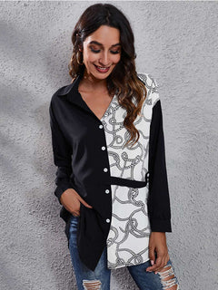Printed Collared Neck Long Sleeve Shirt - Primrose Signature Boutique