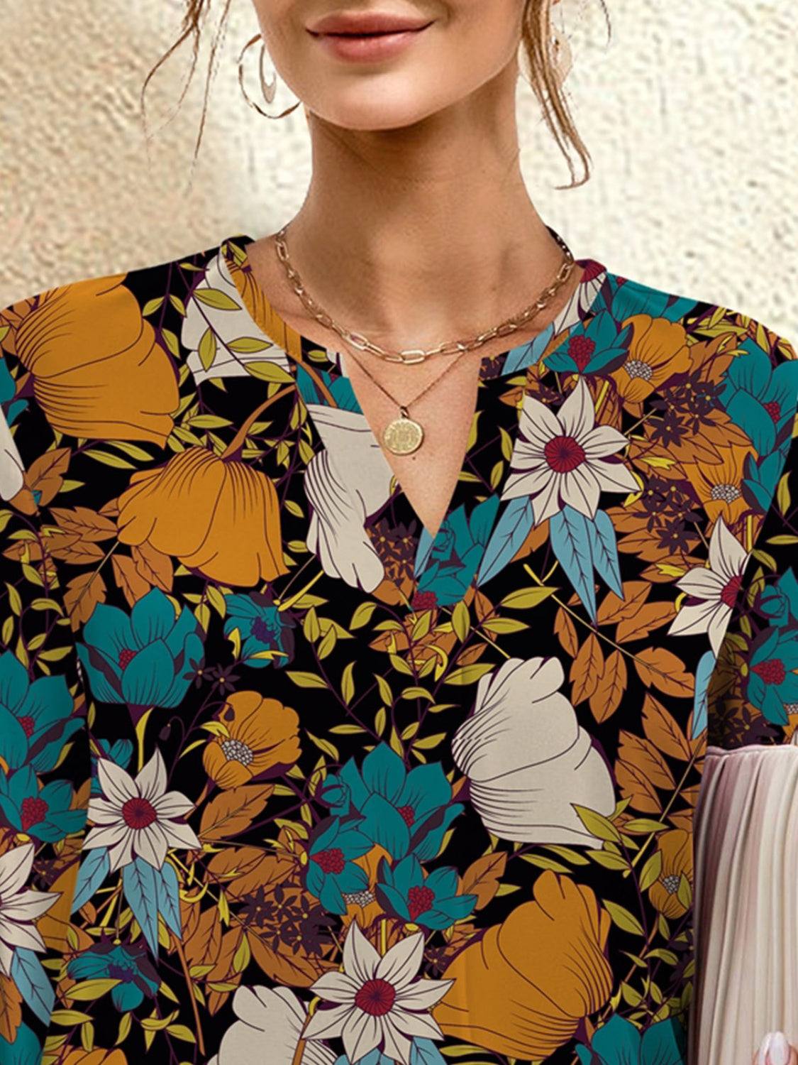 Printed Notched Long Sleeve Blouse - Primrose Signature Boutique