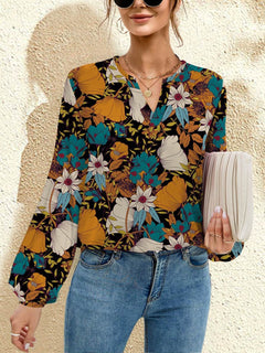 Printed Notched Long Sleeve Blouse - Primrose Signature Boutique