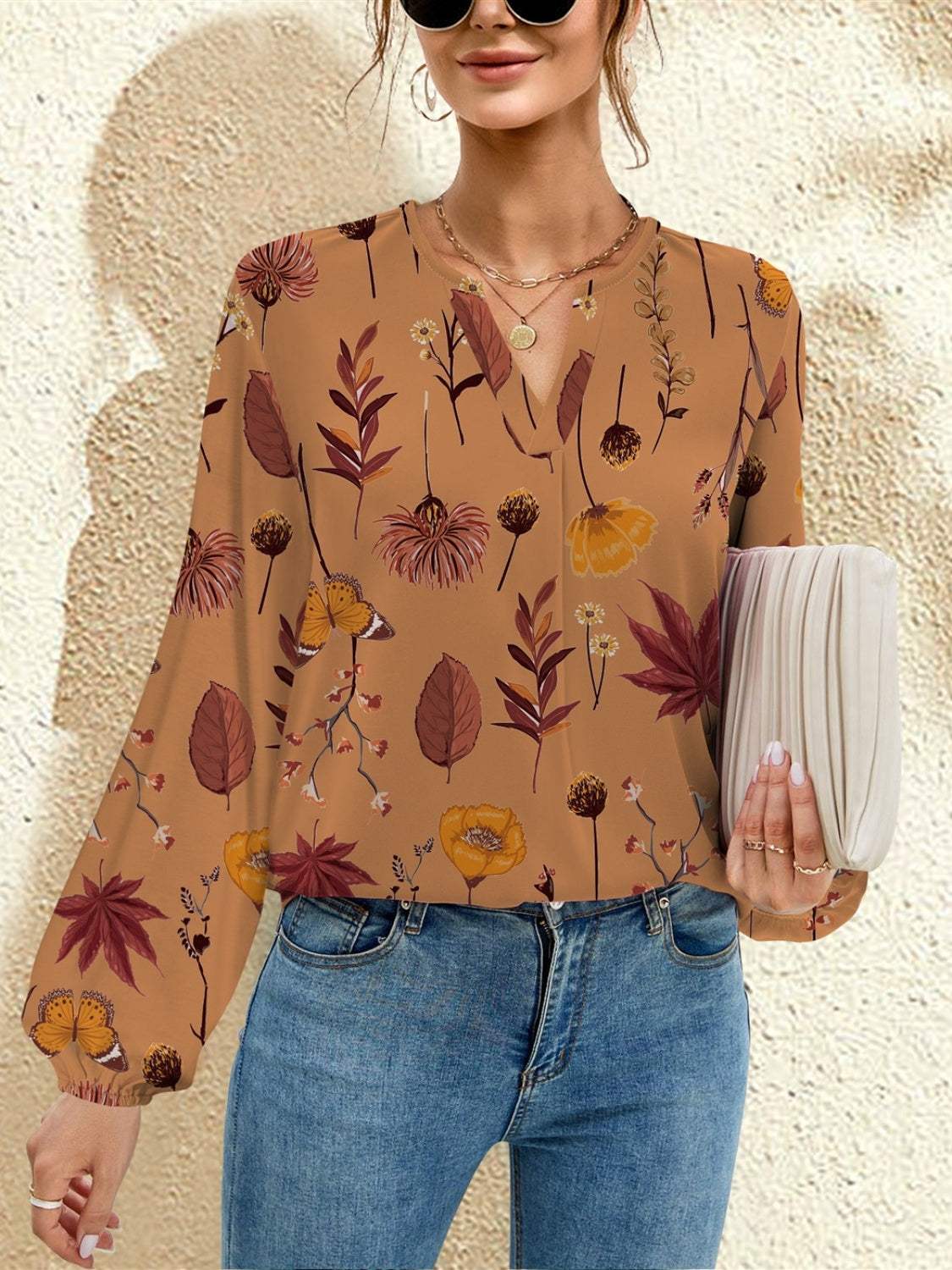 Printed Notched Long Sleeve Blouse - Primrose Signature Boutique