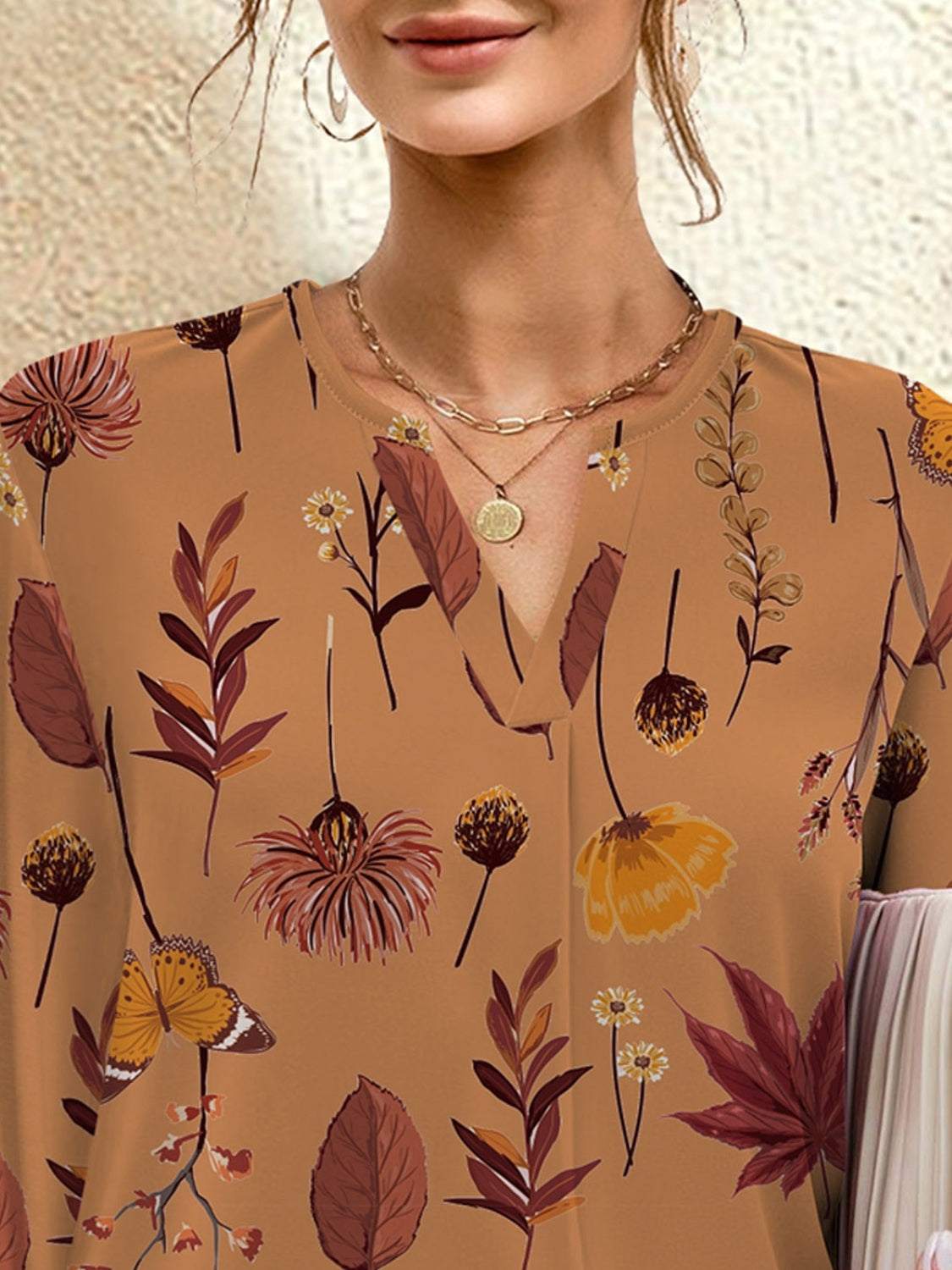 Printed Notched Long Sleeve Blouse - Primrose Signature Boutique