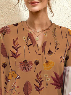 Printed Notched Long Sleeve Blouse - Primrose Signature Boutique